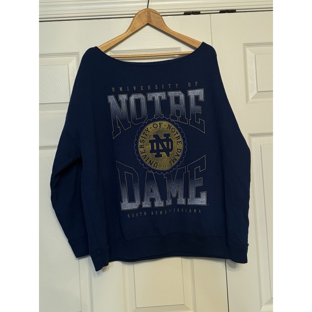 Hollister Blue 84 Notre Dame Sweatshirt XXL Navy Off Shoulder Distressed Graphic